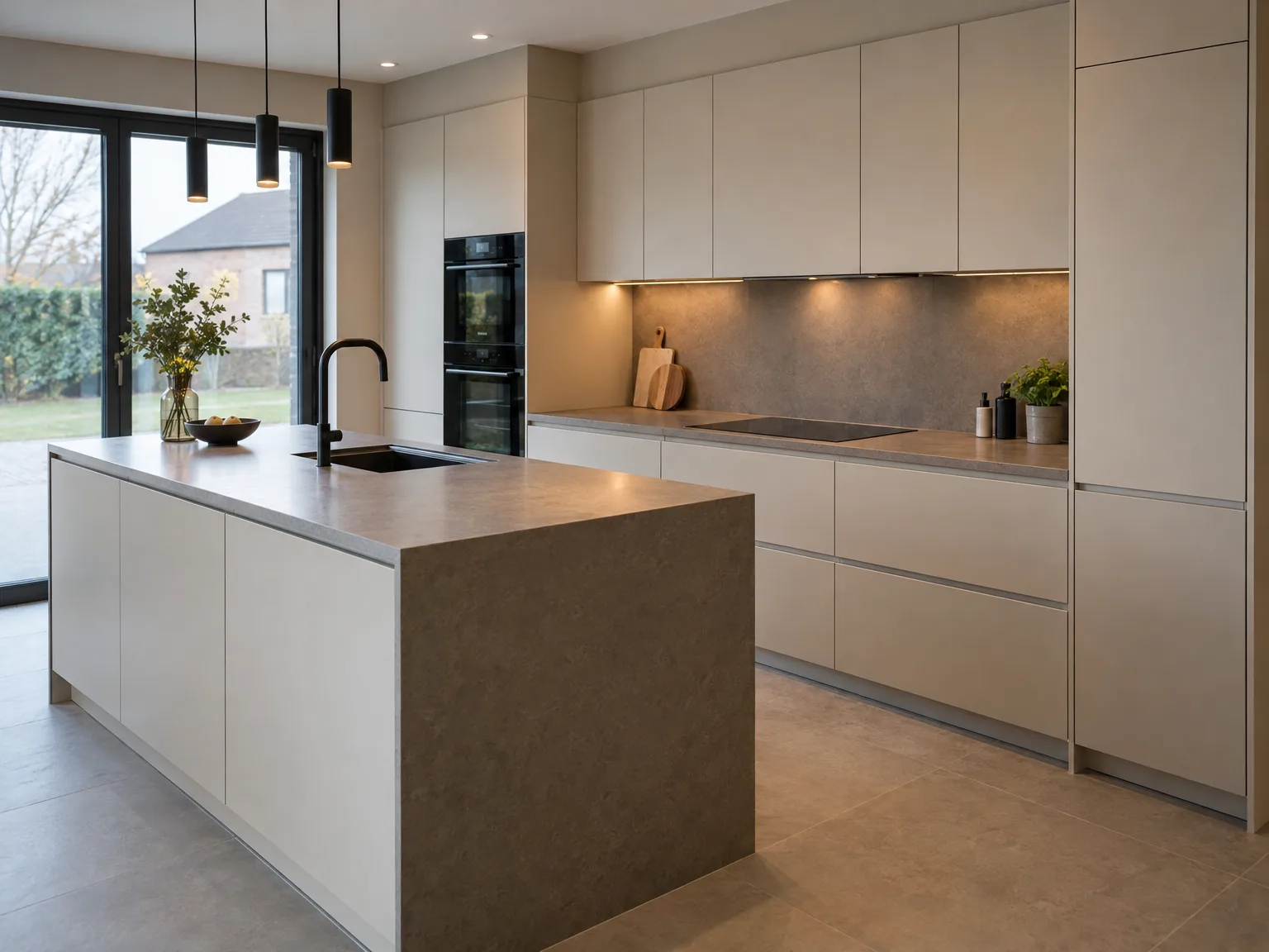 Geplaatste moderne keuken met beige kastjes, donker werkblad en grijze keukeneiland