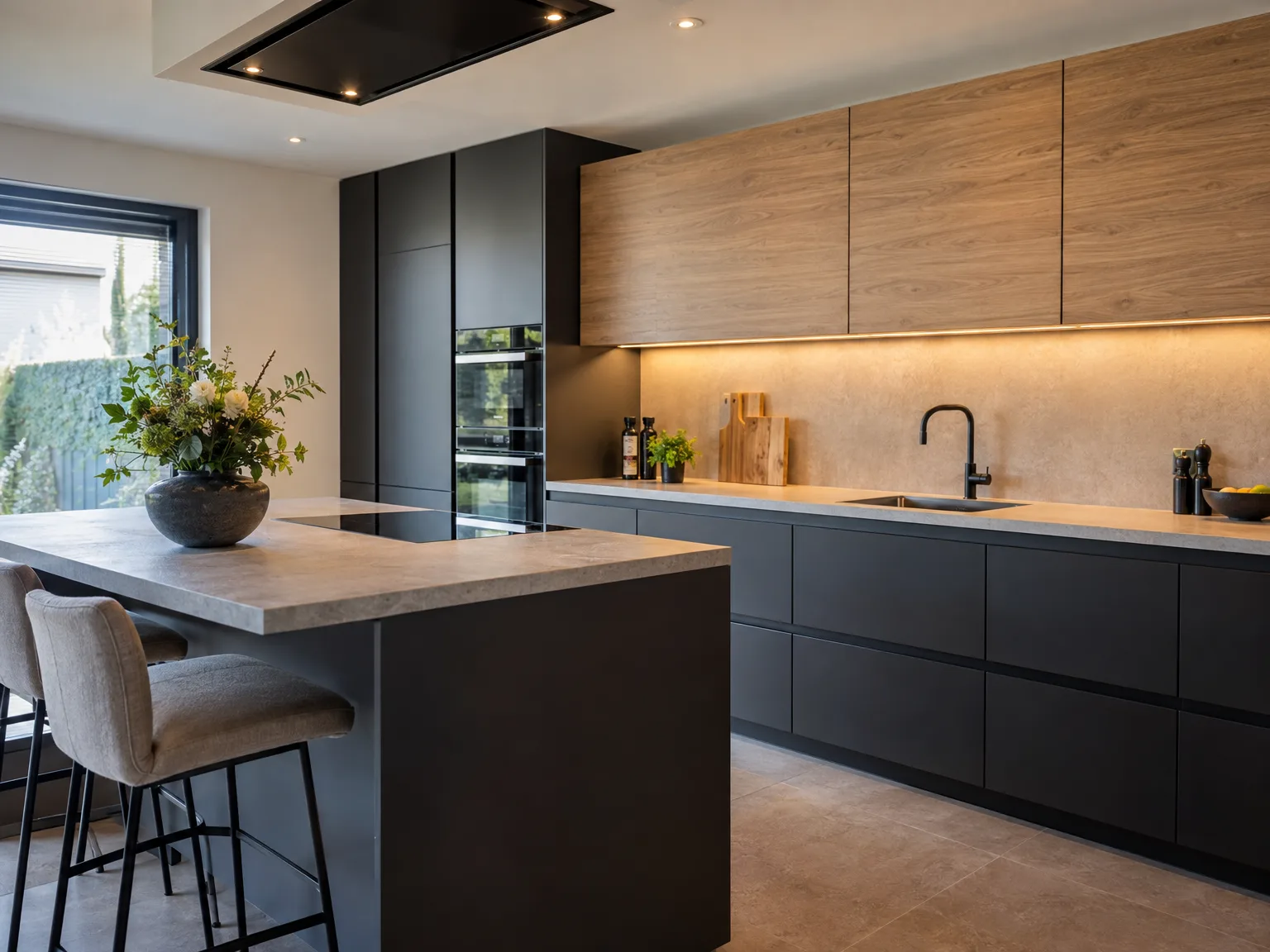 Moderne keuken met zwarte keukeneiland, houten bovenkast en gemonteerde inbouwapparatuur