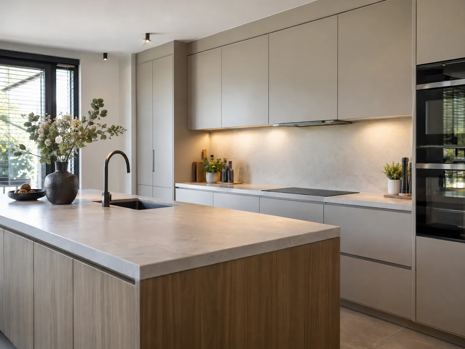 Moderne keuken met witte kasten, houten eiland en grijze werkbladen, professioneel gemonteerd