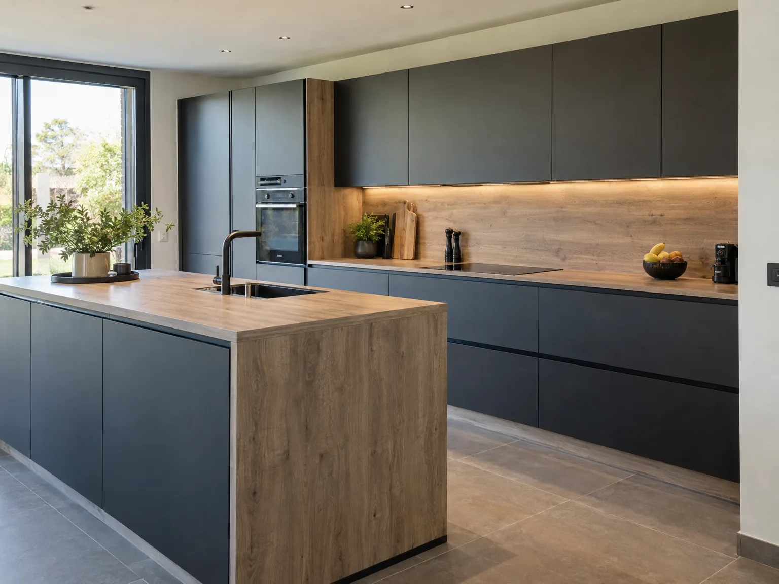 Keukenmontage grijze keuken: houten werkbladen op eiland
