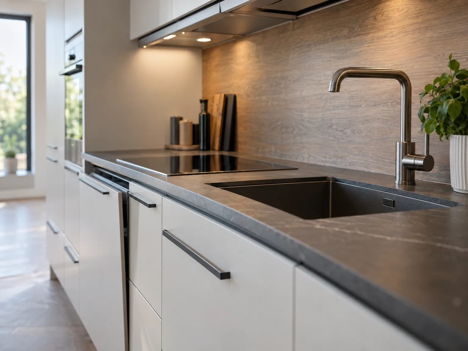 Geïnstalleerde moderne keuken met witte kasten, zwart werkblad en ingebouwde gootsteen in minimalistisch design