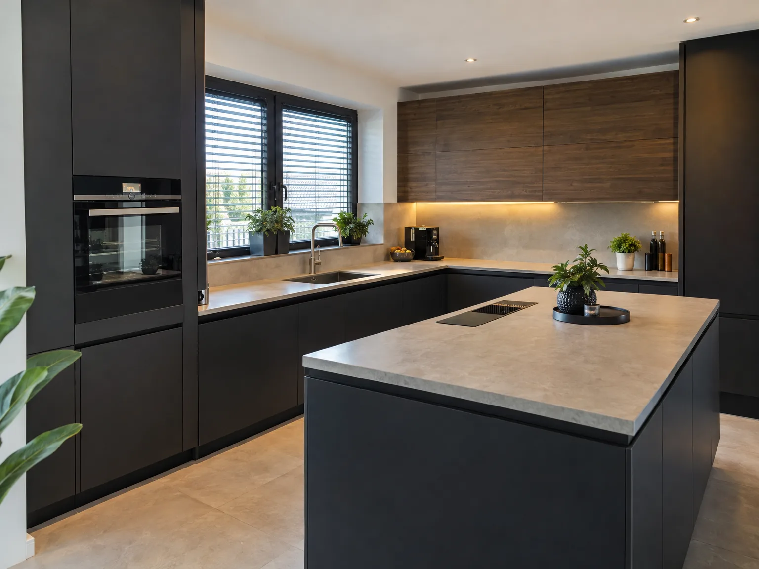 Gemonteerde moderne zwarte keuken met grijs werkblad en houten kasten
