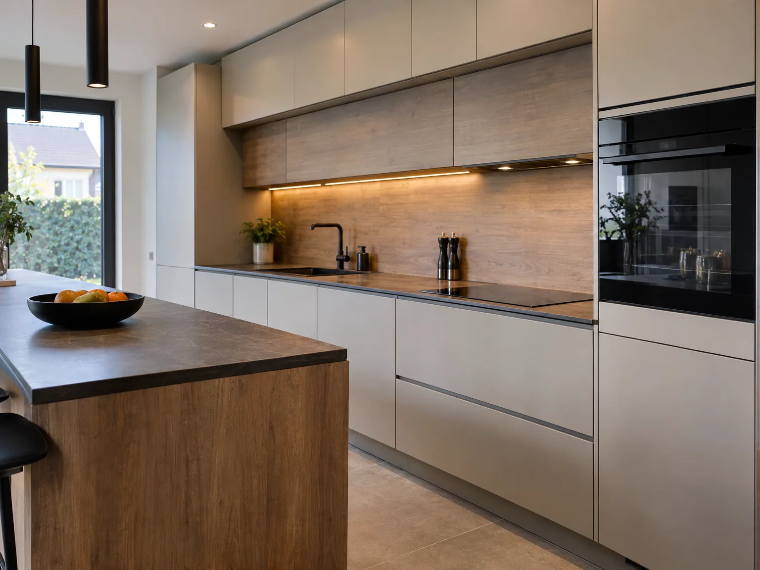 Keukenmontage: moderne keuken met witte fronten, houten eiland en LED-backsplash verlichting