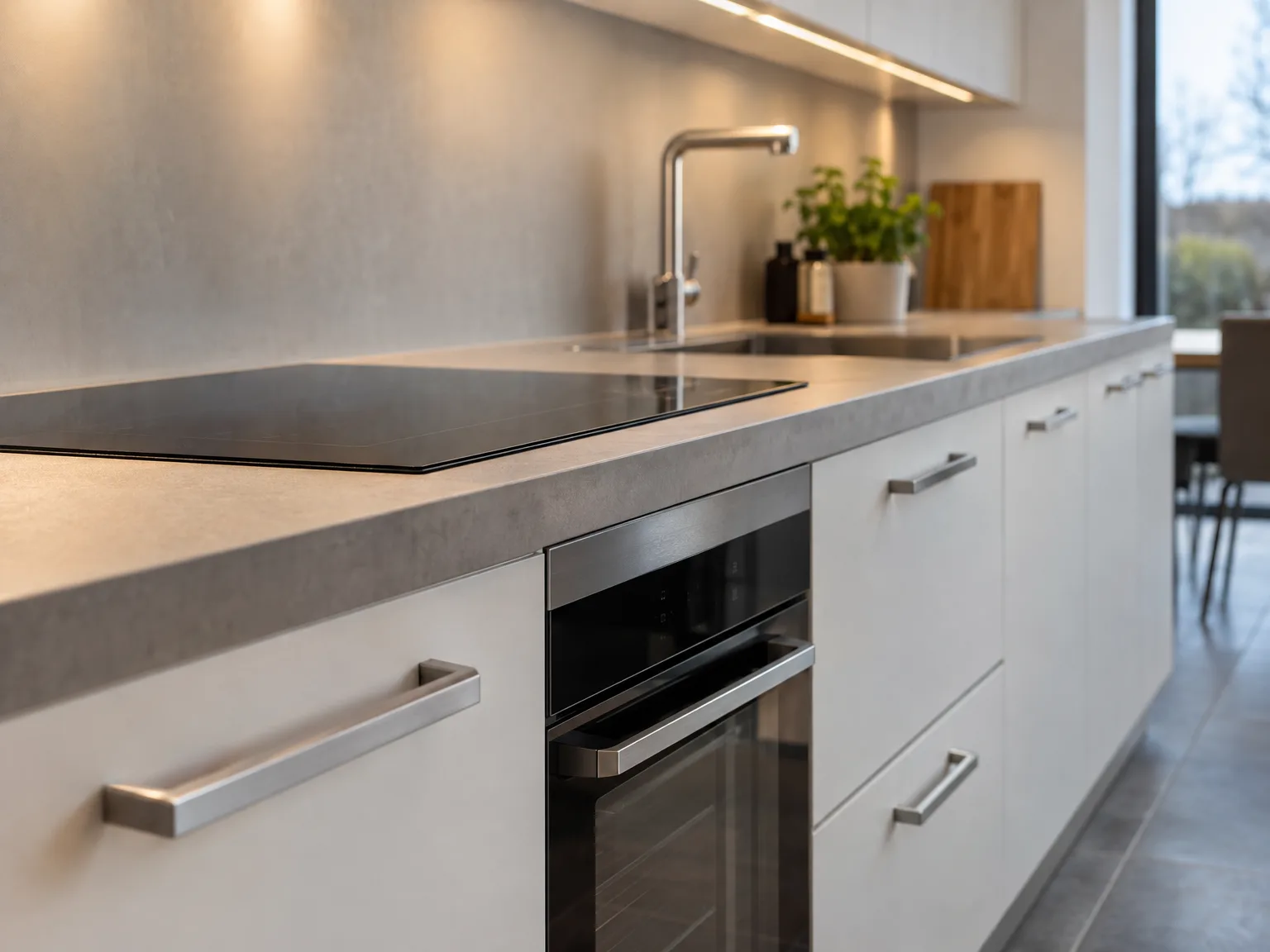 Moderne keukenmontage: witte eiland met grijs werkblad en ingebouwde oven