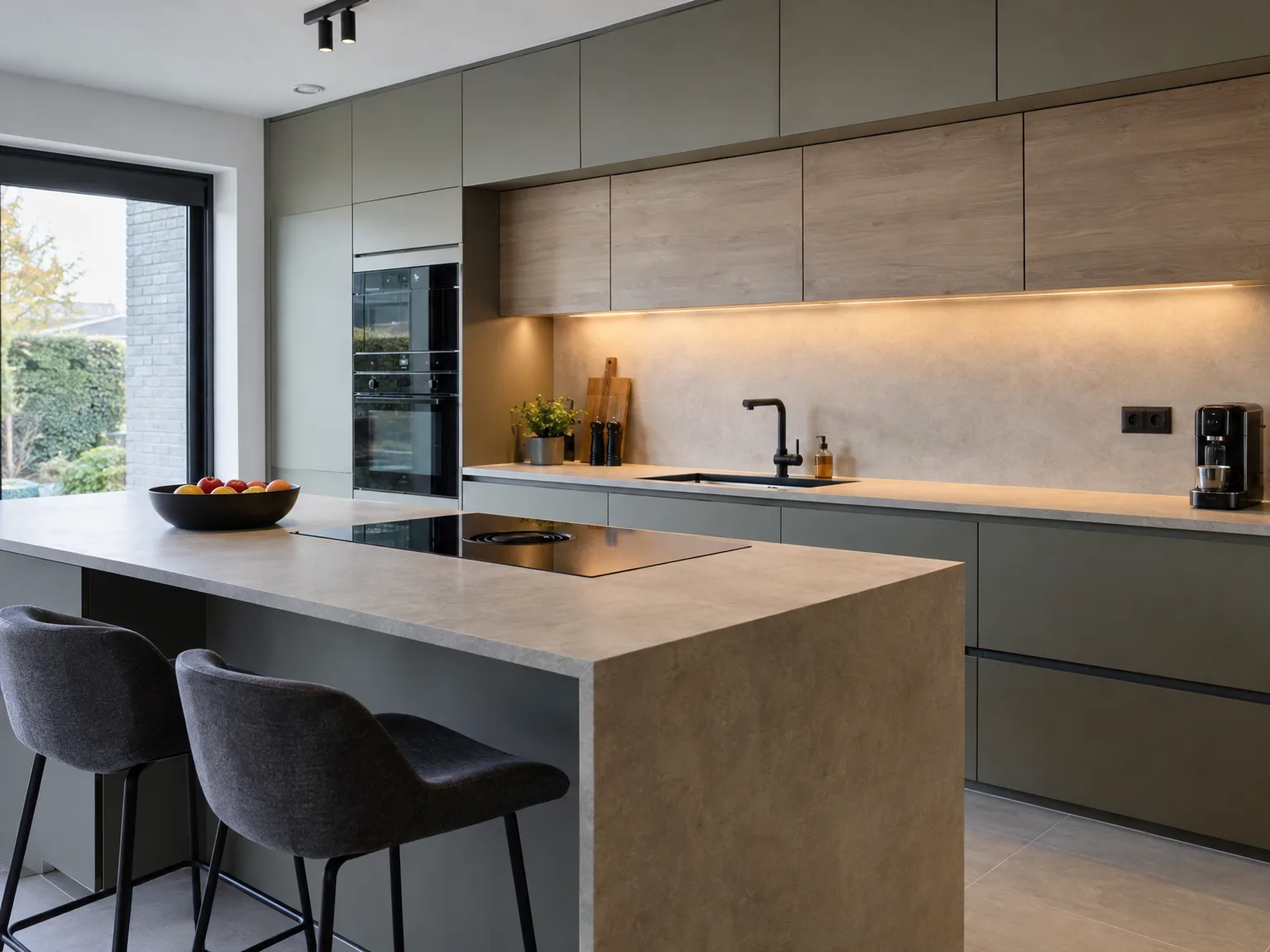 Moderne greeploze keukenmontage met groene kasten, houten accenten en centraal eiland