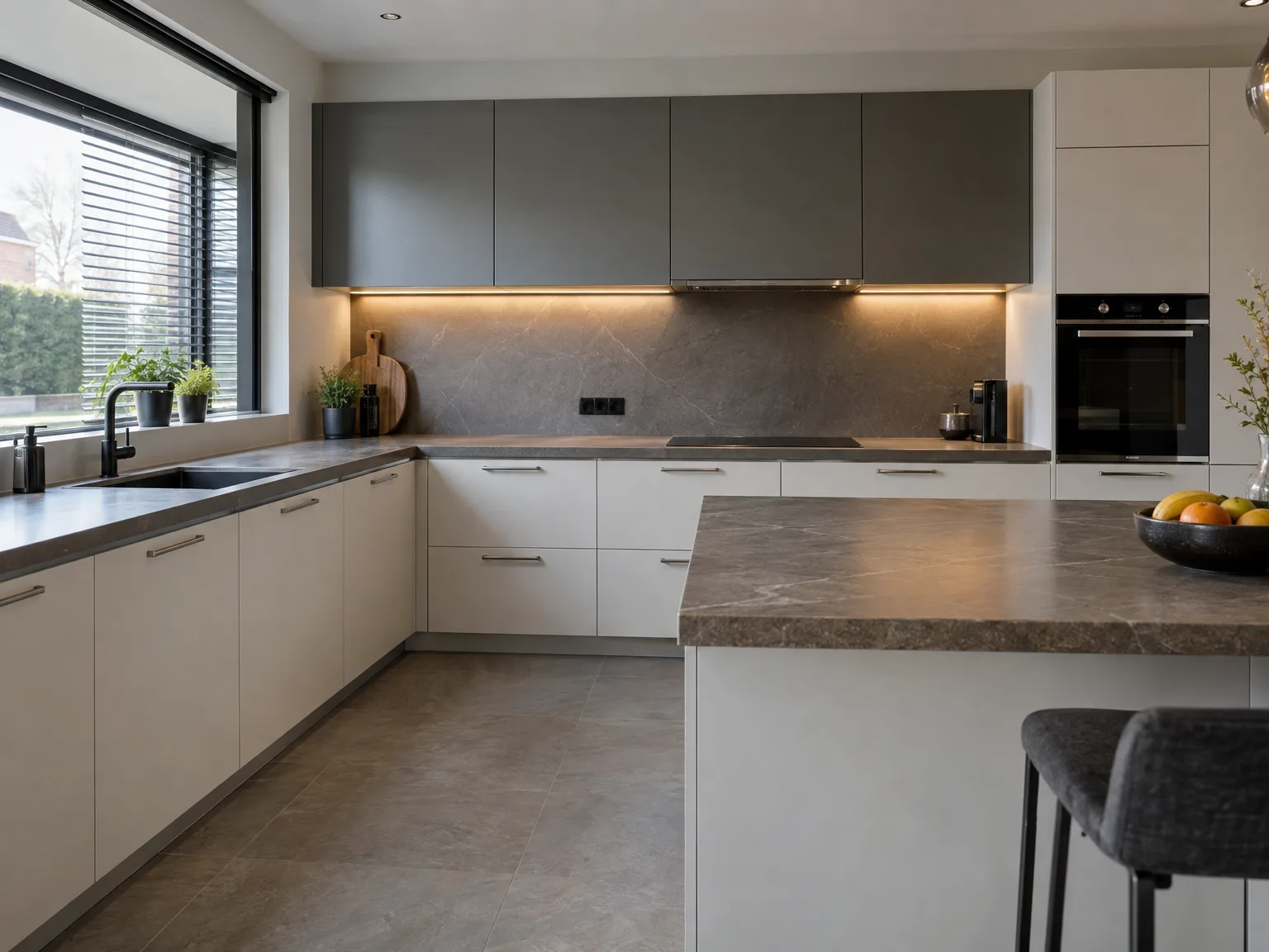 Professioneel gemonteerde moderne keuken met witte onderkastjes, grijze bovenkastjes, marmeren werkbladen en inbouwapparatuur