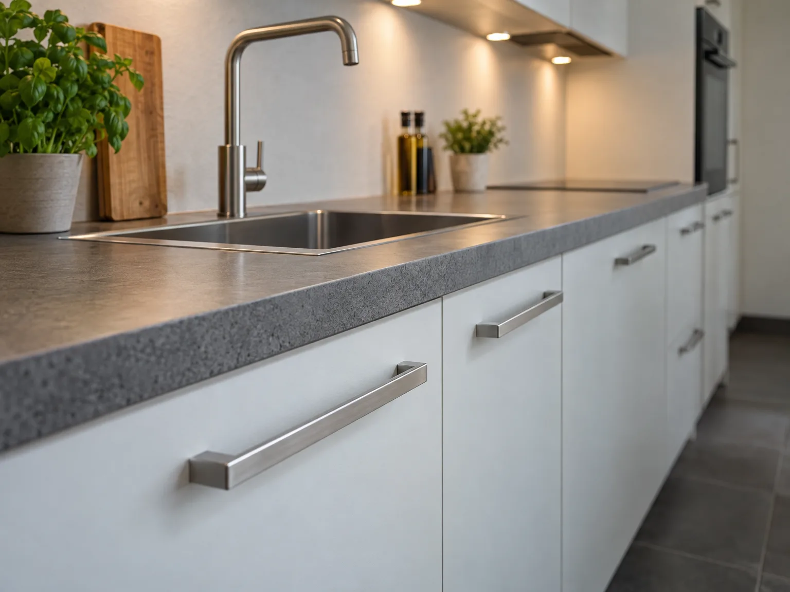 Keukenmontage: moderne keuken met wit gefronte kasten, grijs composiet werkblad en roestvrijstalen gootsteen