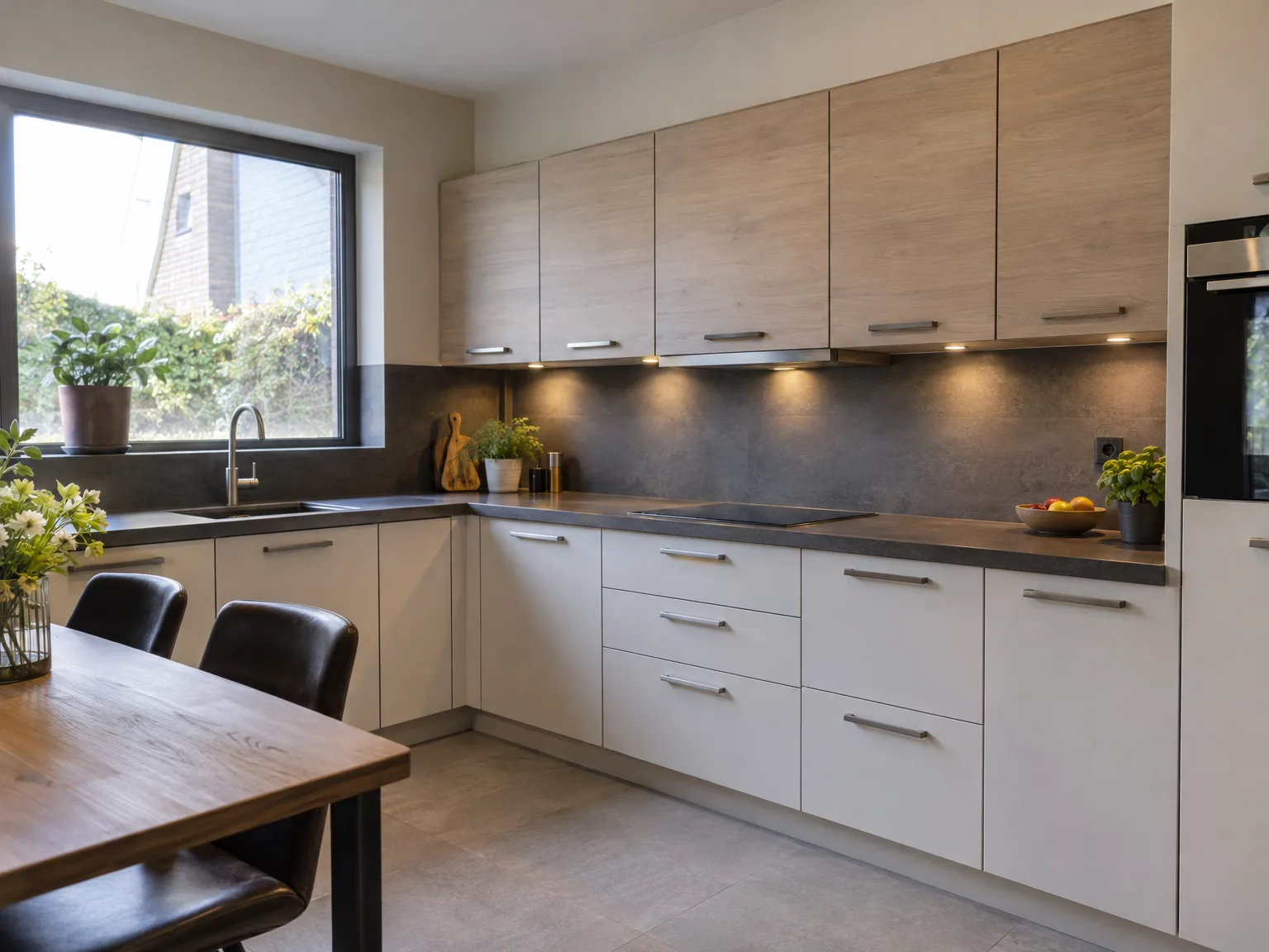 Moderne keuken met houten en witte meubels, LED-verlichting en grijze backsplash