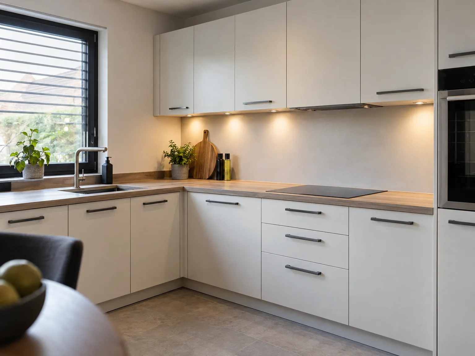 Moderne keukenmontage in wit met houten werkbladen, verlichting en ingebouwde apparatuur