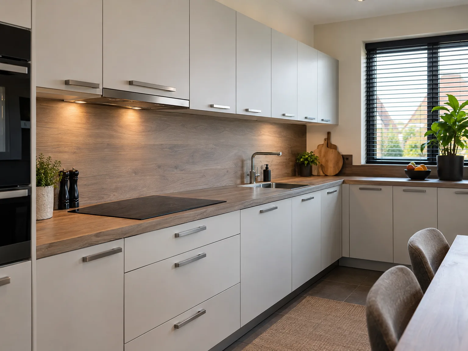 Keukenplaatsing met witte kasten, houten werkblad en backsplash van natuursteen