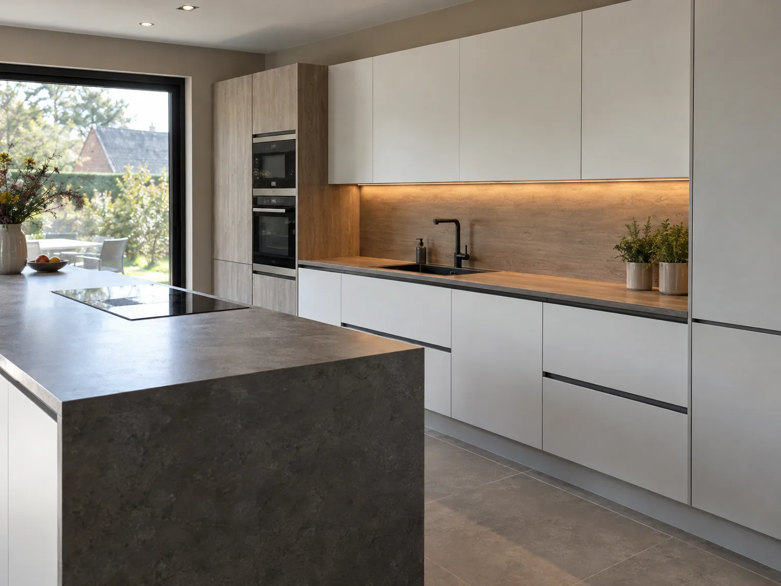Keukenmontage: modern witte keuken met eiland, houten werkbladen en geïntegreerde apparatuur