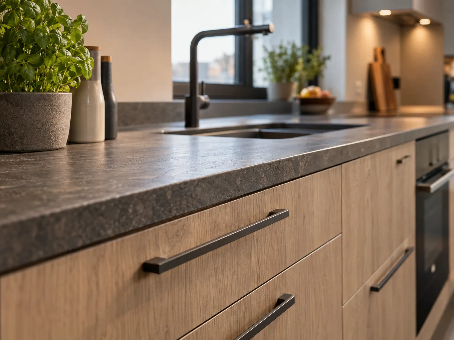 Geplaatste keuken met houten fronten, grijs werkblad en zwarte kraan
