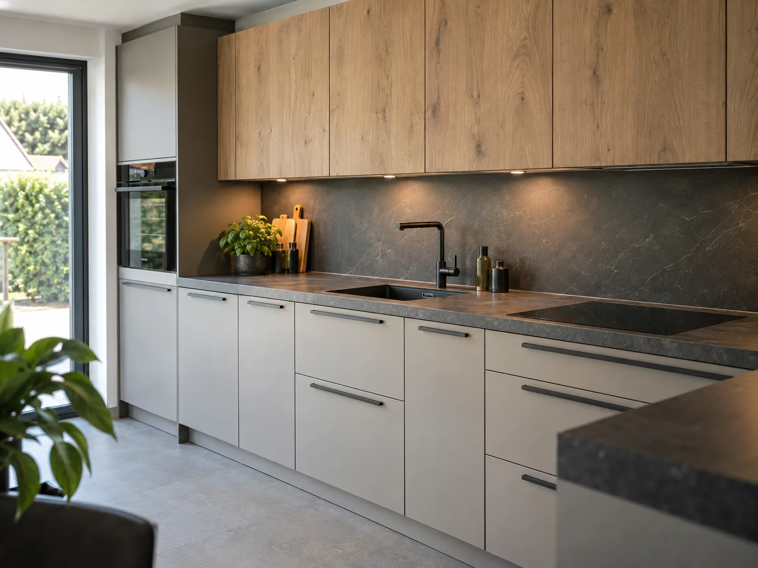 Moderne keukenmontage met houten bovenkastjes, witte onderkastjes en donkergrijs werkblad