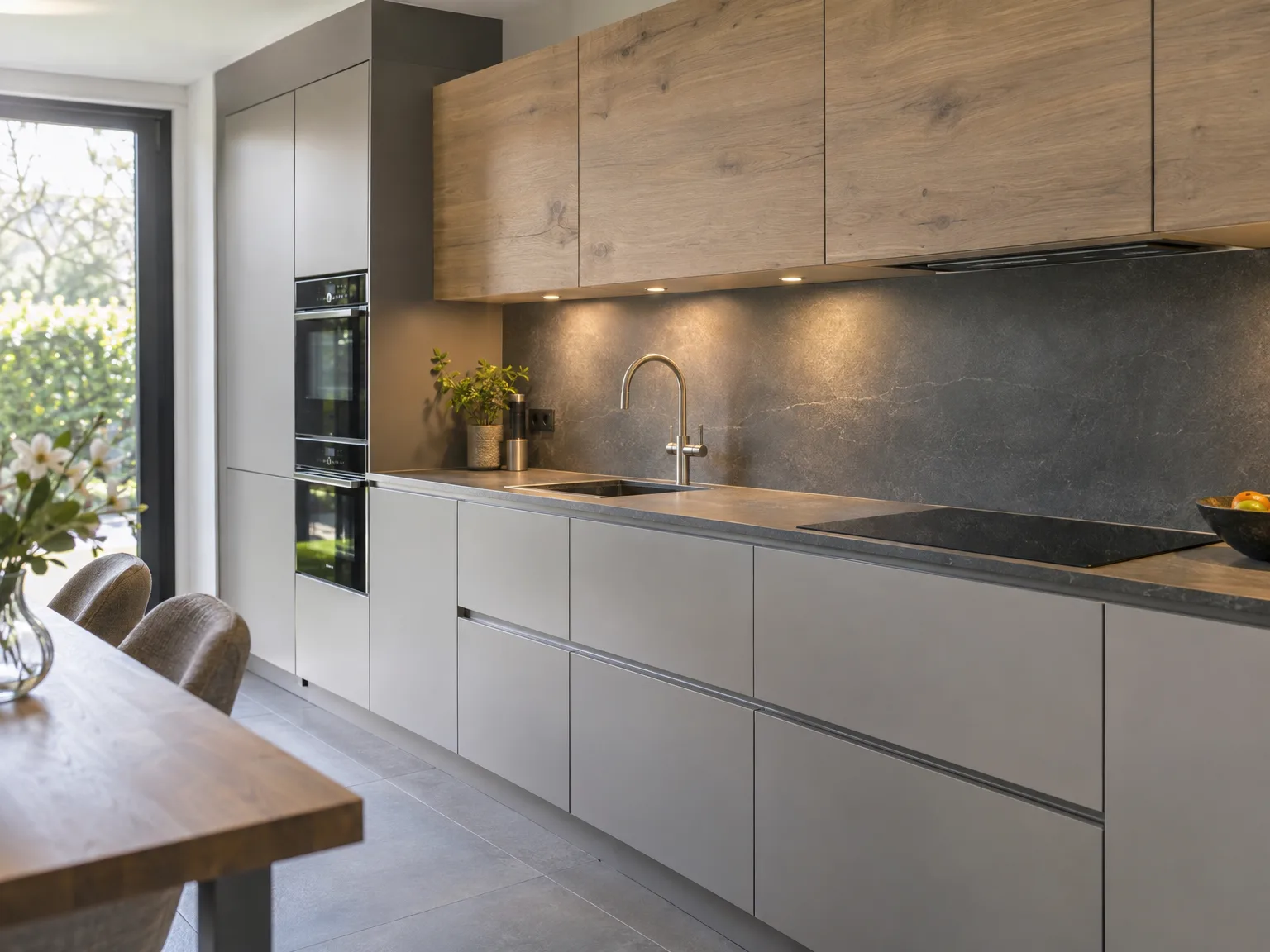 Moderne greeploze witte keuken met houten bovenkast, zwart granieten werkblad en ingebouwde apparaten