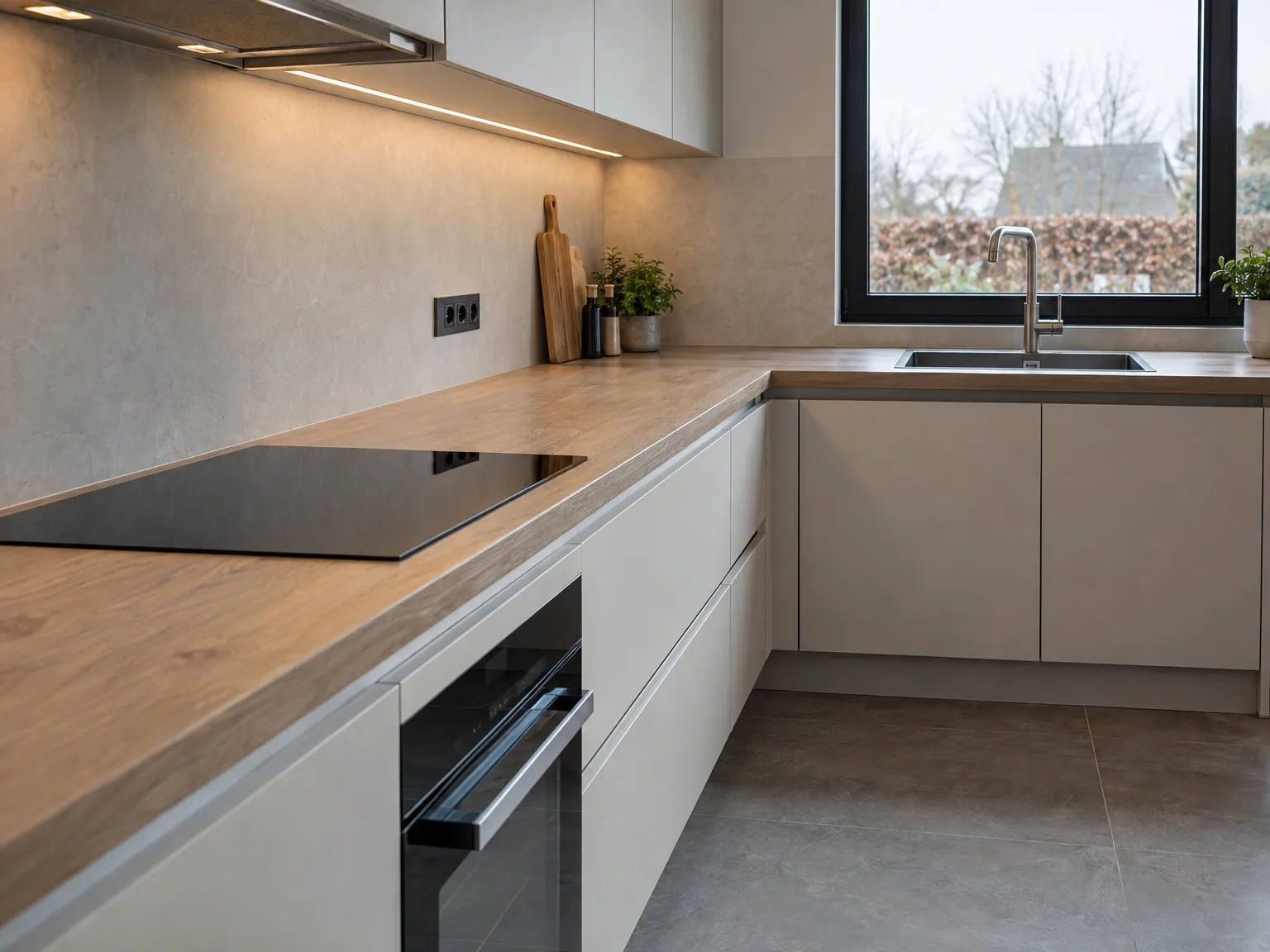 Houten werkblad met witte keukenkastjes, roestvrijstalen spoelbak en ingebouwd fornuis in moderne keuken