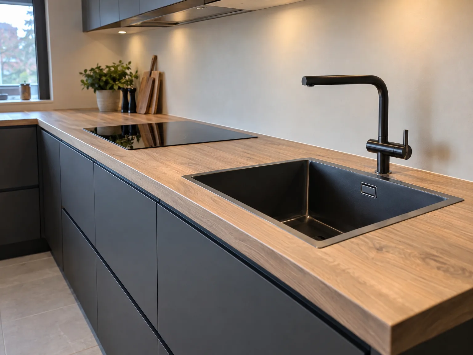 Moderne keuken met houten werkblad, zwarte kasten, ingebouwde wastafel en zwarte mengkraan, goed verlicht