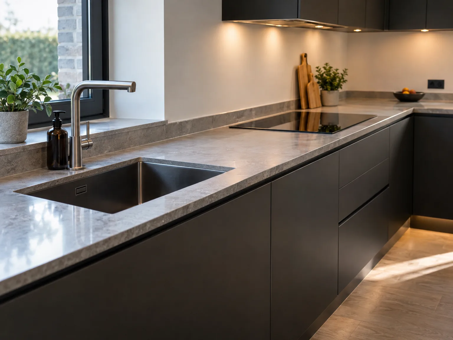 Moderne keukeninstallatie met grijs cementen werkblad, zwarte kasten en ingebouwde apparatuur