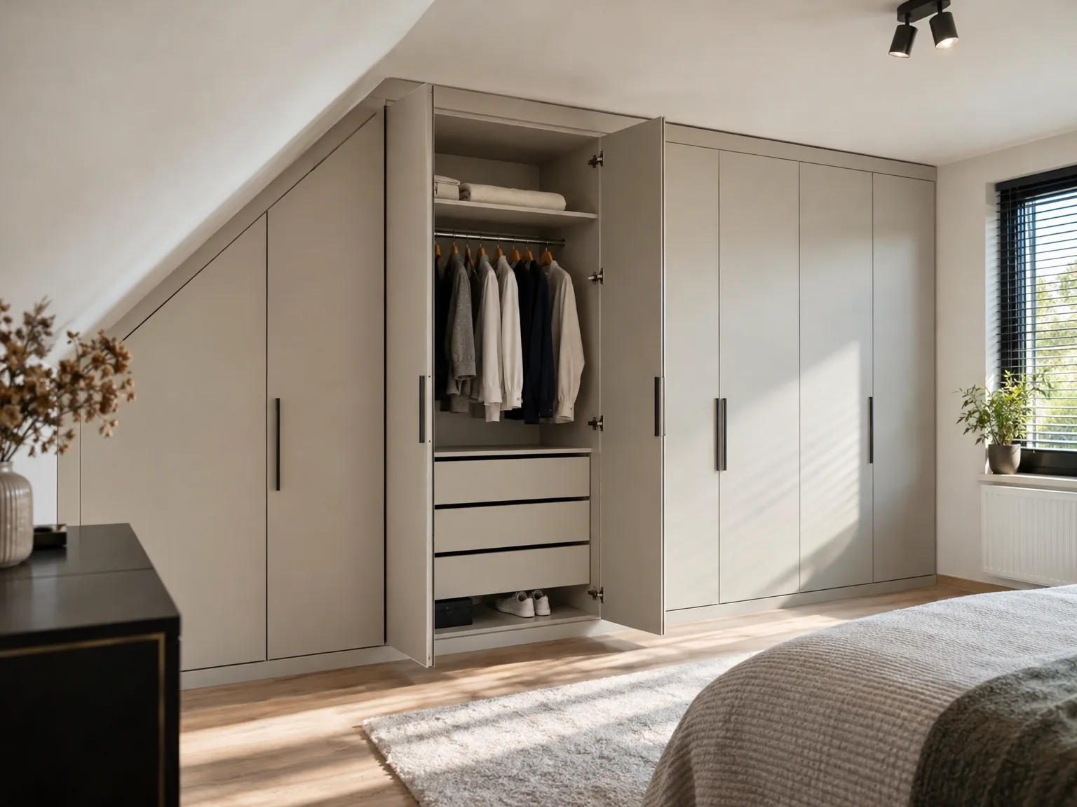 Ingebouwde hoekschrank in slaapkamer met open deuren, hangkledij, planken en lades - Maatwerkkasten