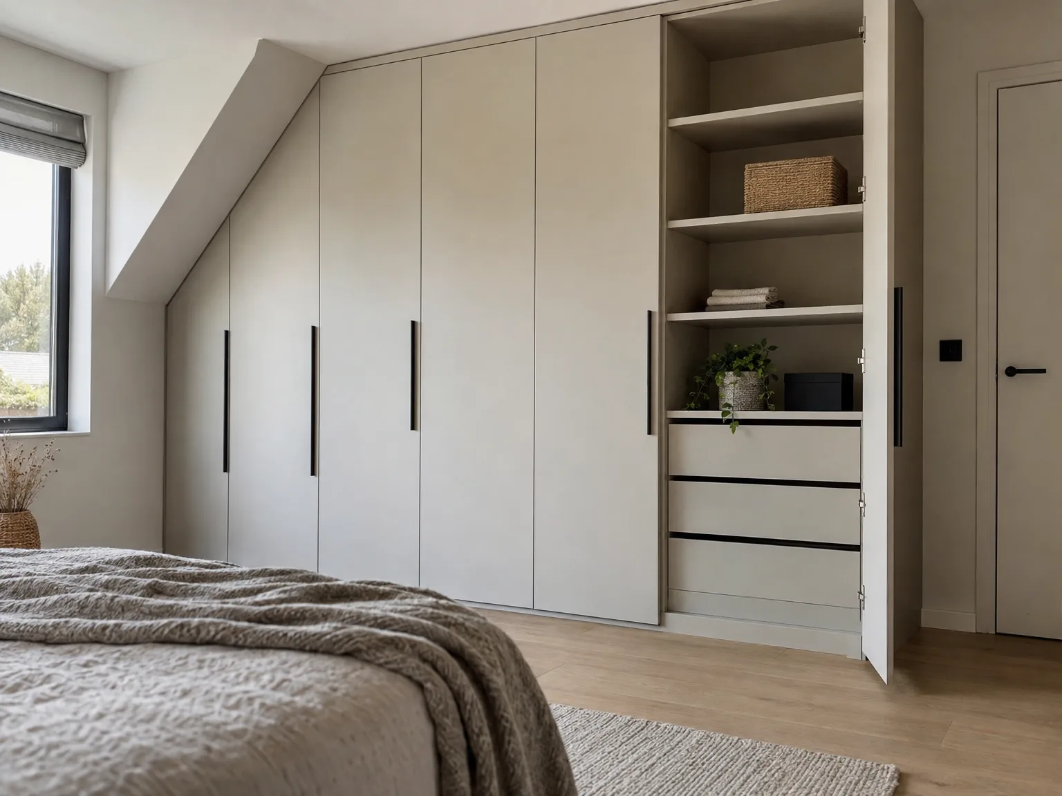Moderne inbouwkasten in witte kleur met zwarte handgrepen in slaapkamer