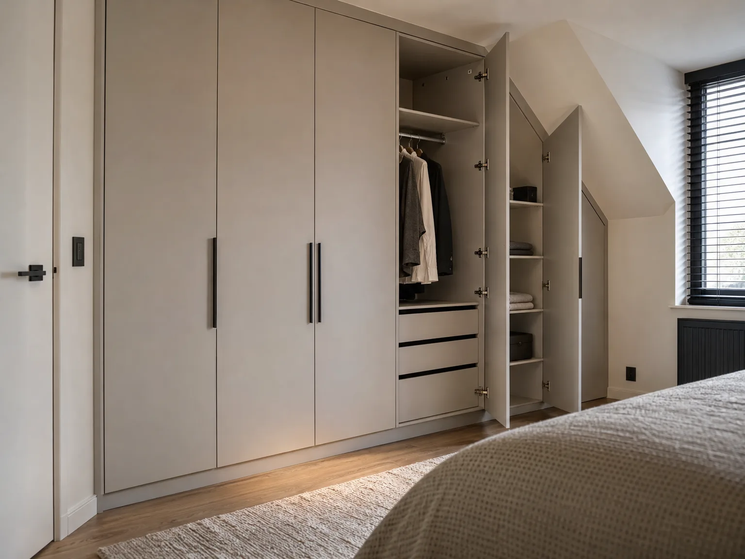Inbouwkast op maat in slaapkamer met beige fronten en geopende kastdeuren
