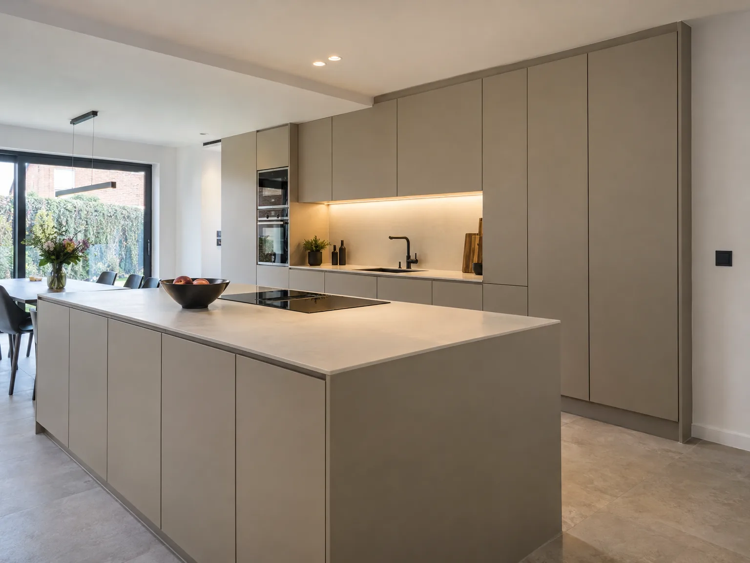 Grijze keuken plaatsen met werkblad, keukeneiland en ingebouwde apparaten