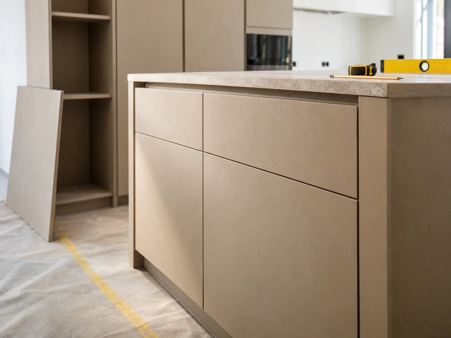 Houten keukenkastjes met beige voorkant en grijs werkblad tijdens keukenmontage