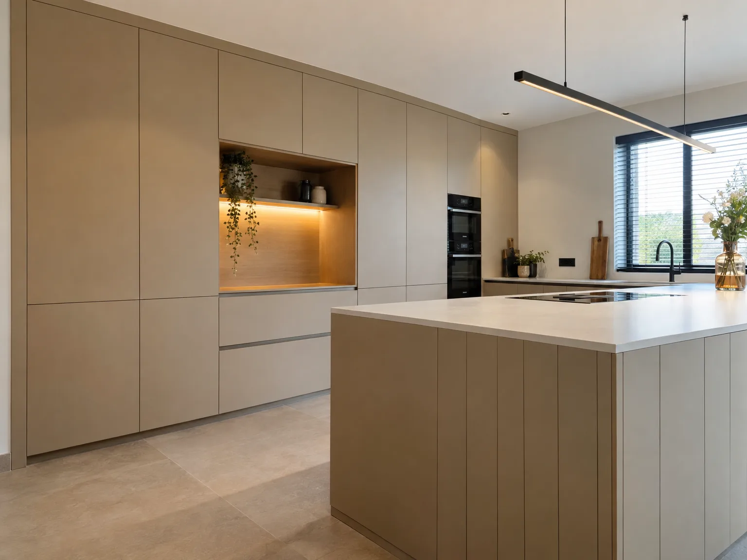 Moderne keuken met beige kasten, wit eilandblad en ingebouwde apparaten