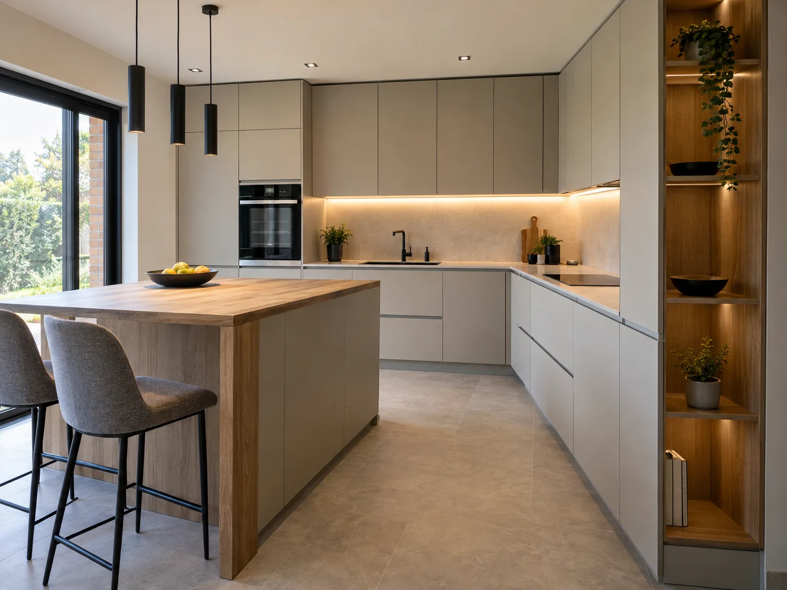 Keukenmontage: ruime moderne keuken met houten eiland, beige fronten en inbouwoven
