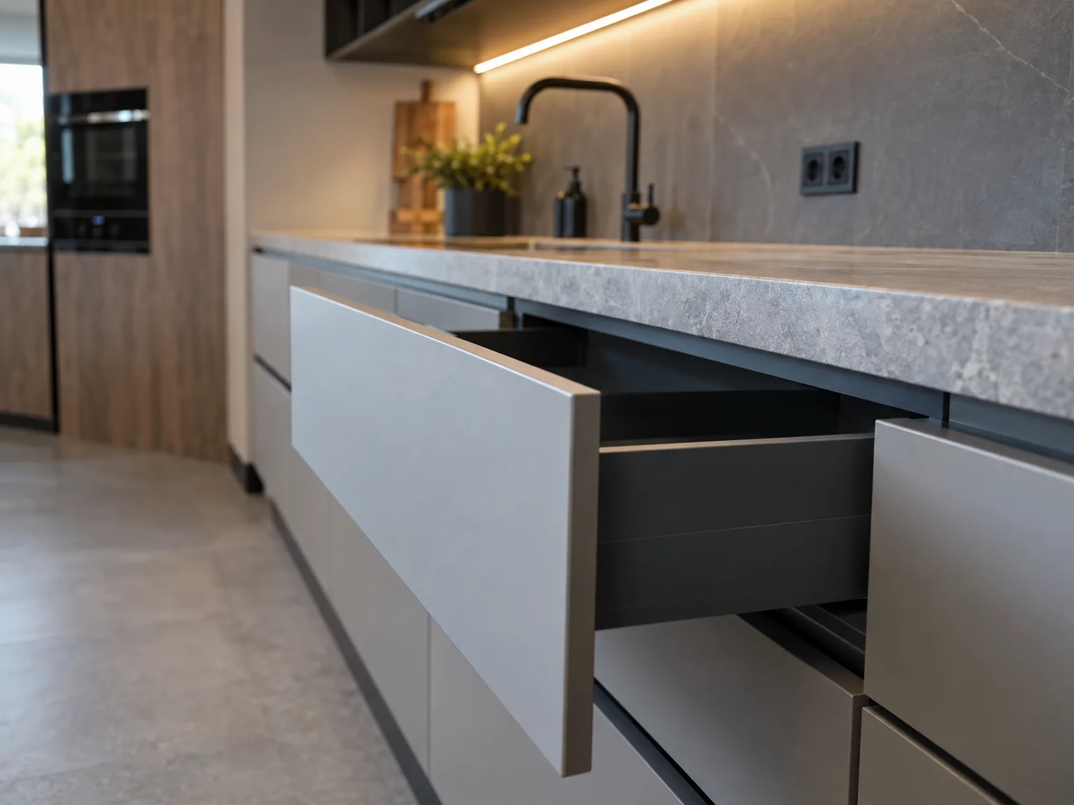 Professionele keukenplaatsing: moderne witte keukenkasten met grijze betonlook werkblad