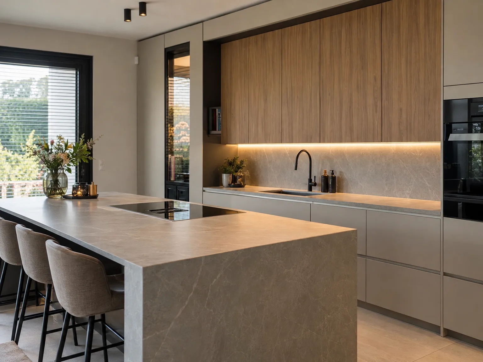 Keukenmontage: eilandkeuken met natuurstenen blad, houten kastjes en verlichting