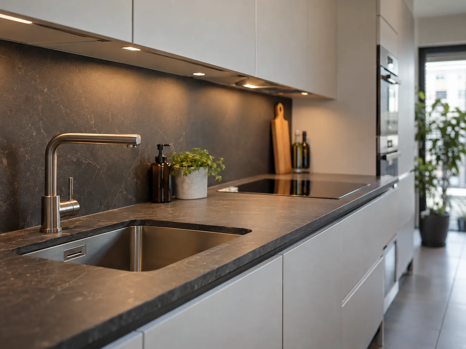 Moderne keuken met stenen werkblad, RVS-gootsteen en LED-spots onder kasten