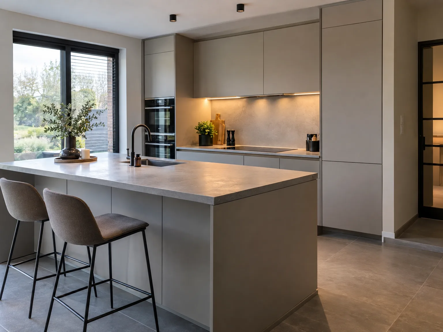Moderne keuken met eiland, houten werkblad en ingebouwde toestellen, compleet gemonteerd