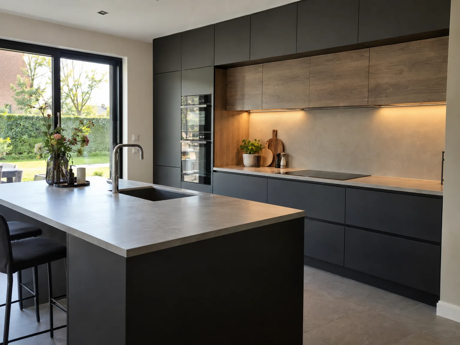 Keukenmontage: moderne keuken met zwarte fronten, eiland en houten werkbladen