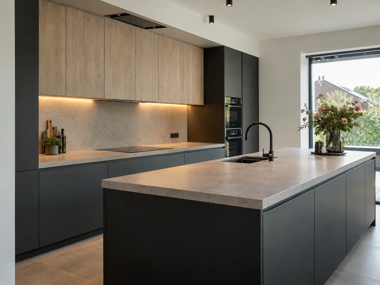 Professioneel geplaatste moderne keuken met natuurstenen werkblad, zwarte kastjes en houten fronten