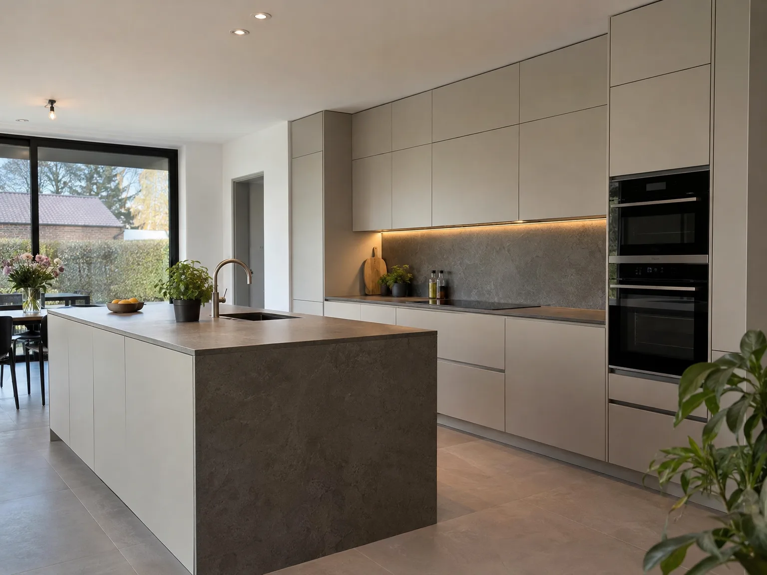 Modern geplaatste keuken met eiland en grijs betonnen werkblad