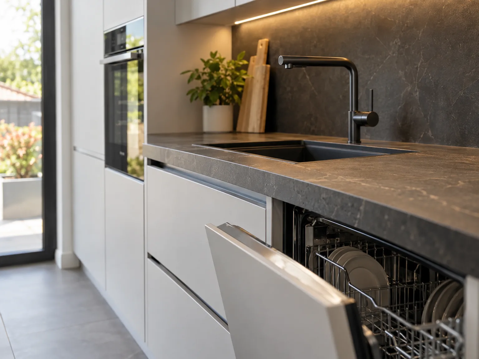 Afgewerkte keukenmontage: moderne witte keuken met donker werkblad, inbouwapparatuur en vaatwasser