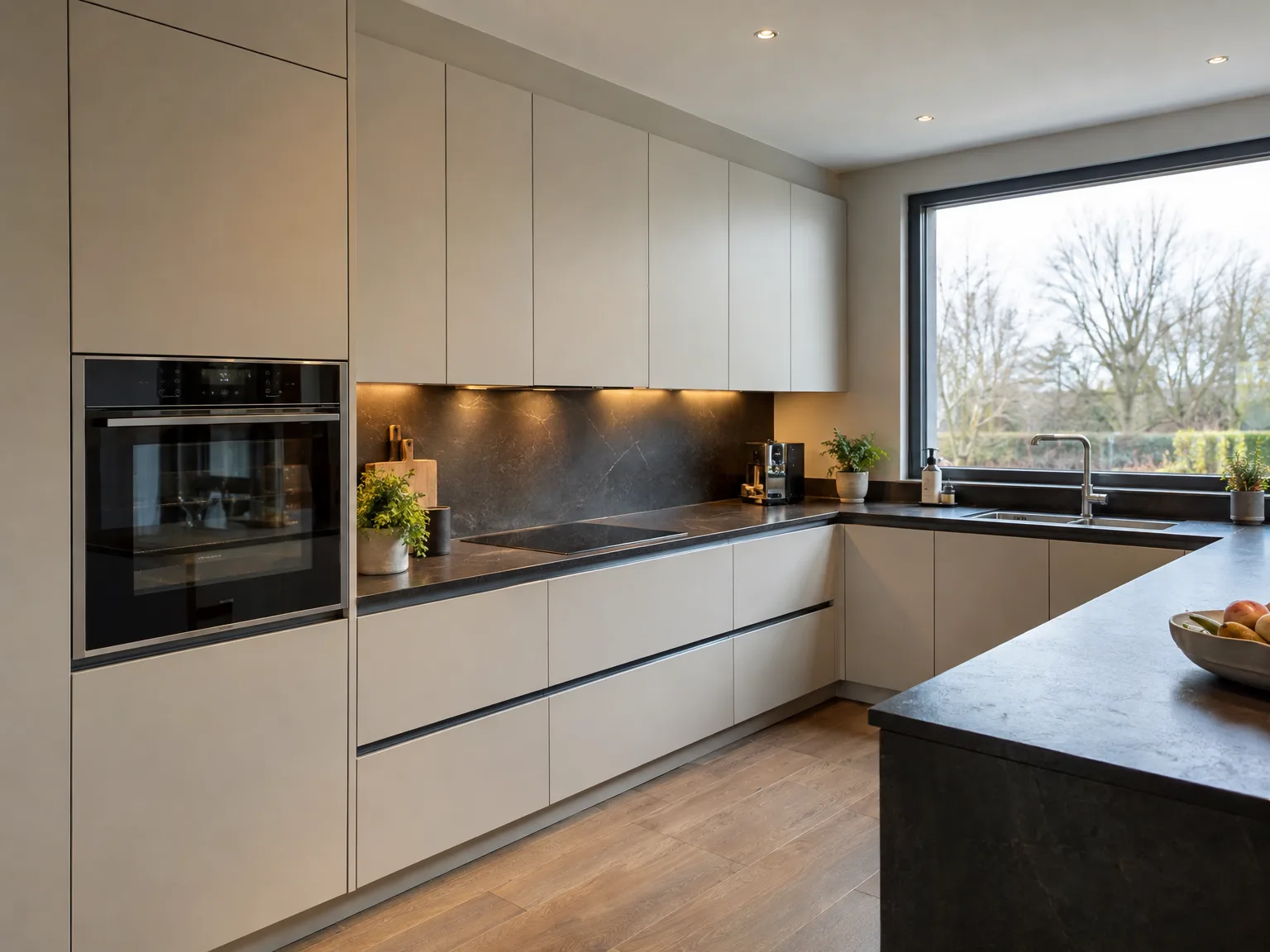 Moderne keukenmontage met witte kasten, zwarte werkbladen en ingebouwde toestellen