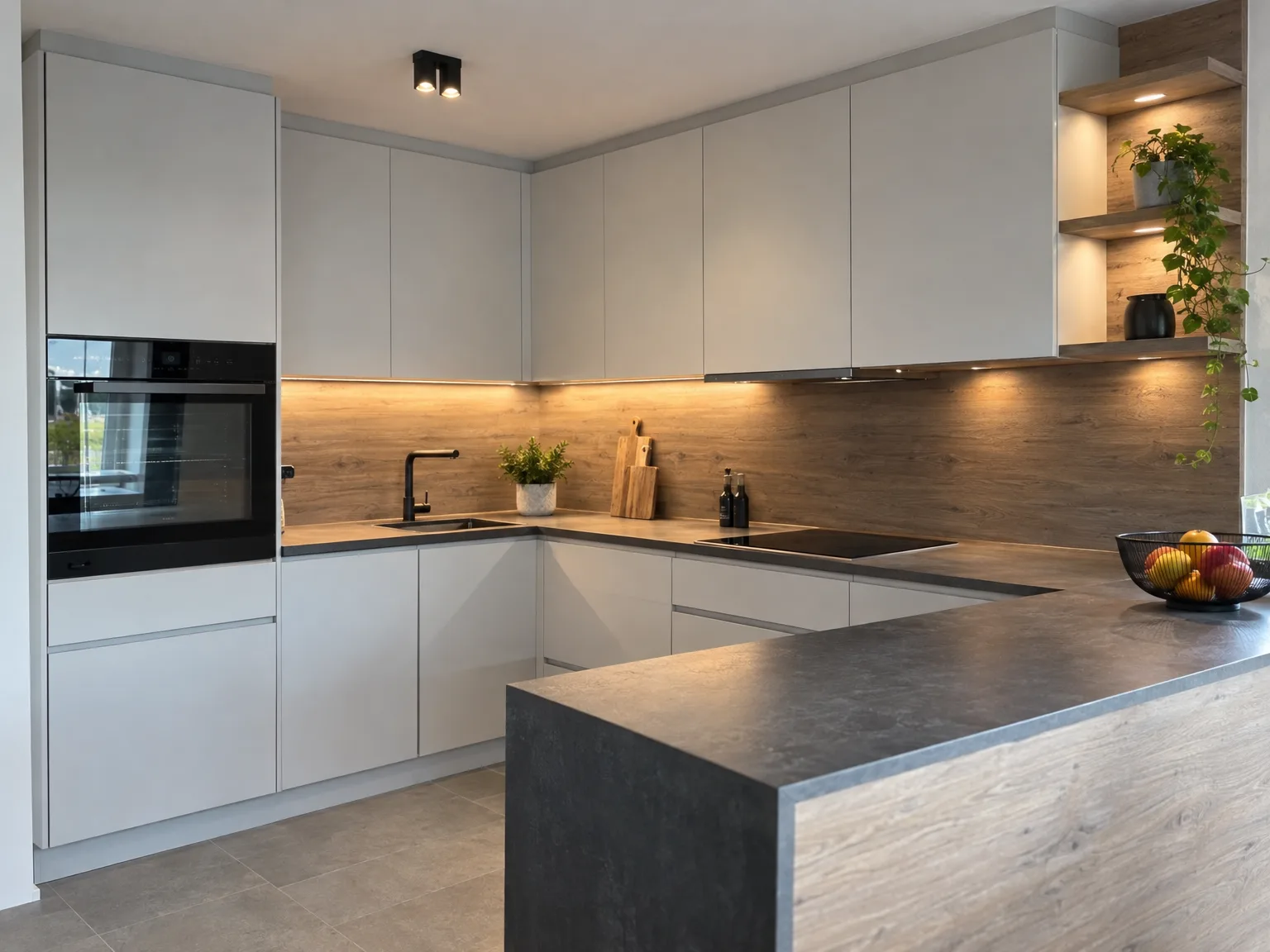 Geplaatste witte keuken met grijs werkblad, houten backsplash en inbouwapparatuur