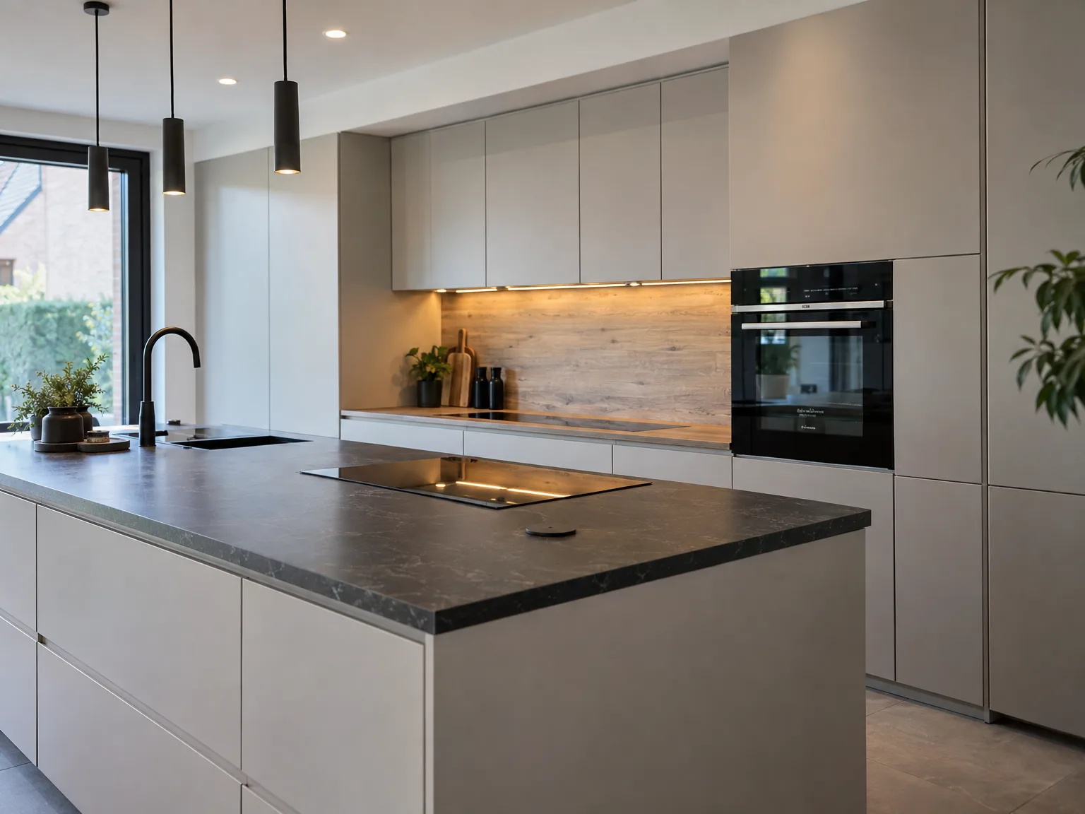 Moderne witte keuken met houten backsplash, eiland en inbouwtoestellen