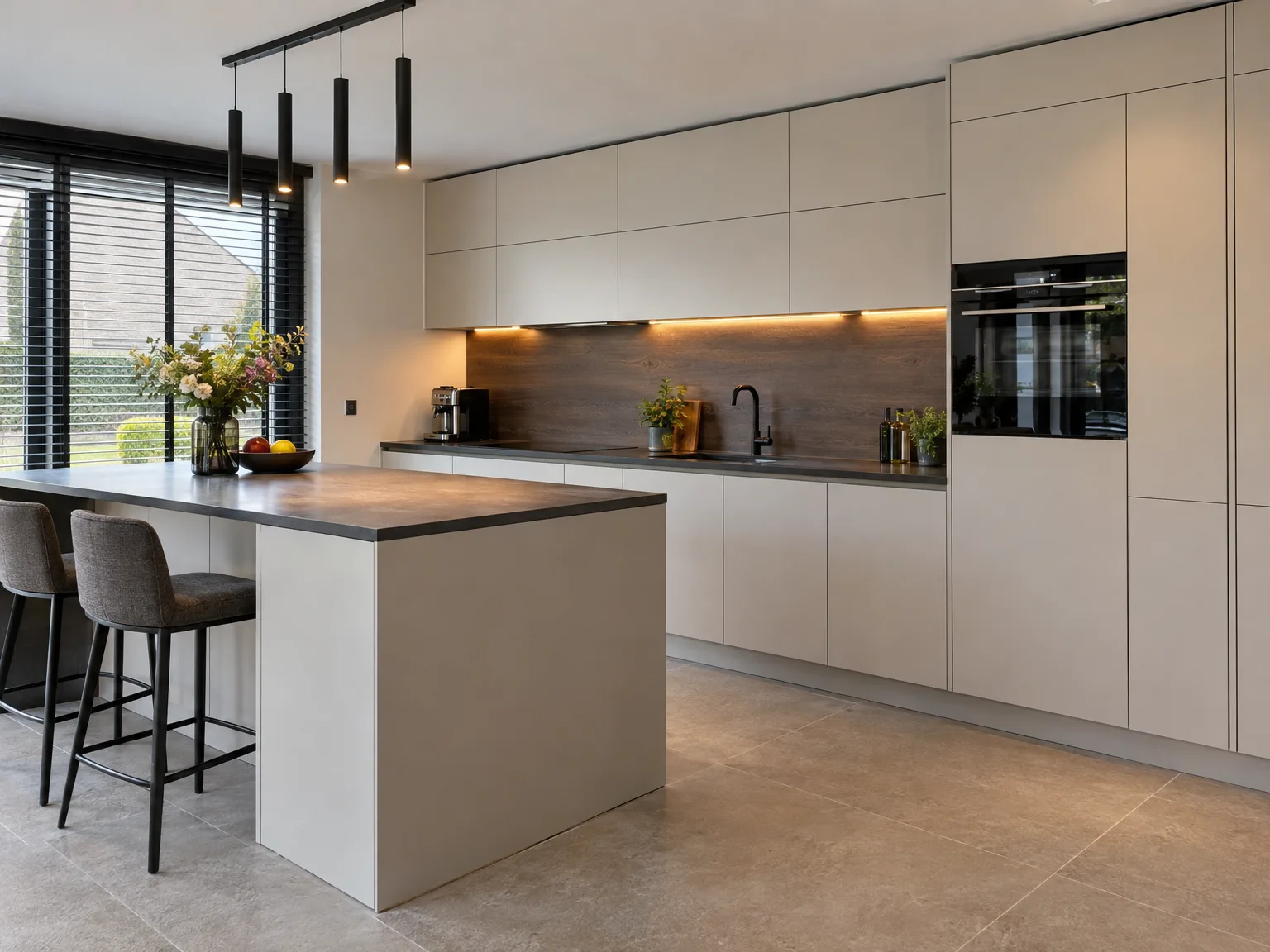 Professioneel gemonteerde moderne keuken met witte fronten, houten werkblad, eiland en inbouwapparatuur