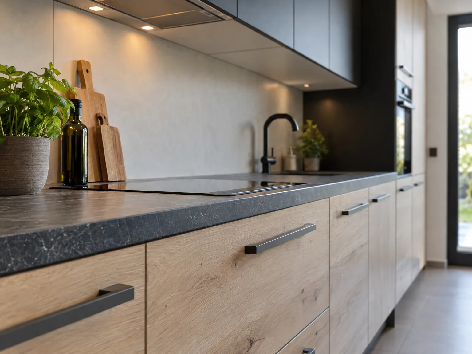 Gemonteerde keuken met licht eiken fronten en donkergrijs werkblad, voorzien van ingebouwde spoelbak