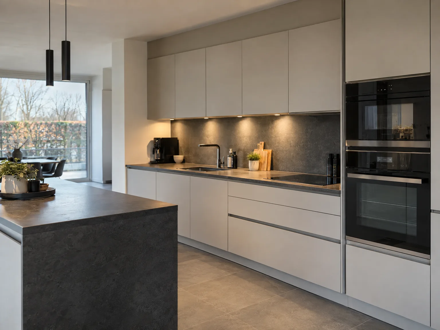 Moderne keukenmontage met witte fronten, zwart werkblad en inbouwapparatuur