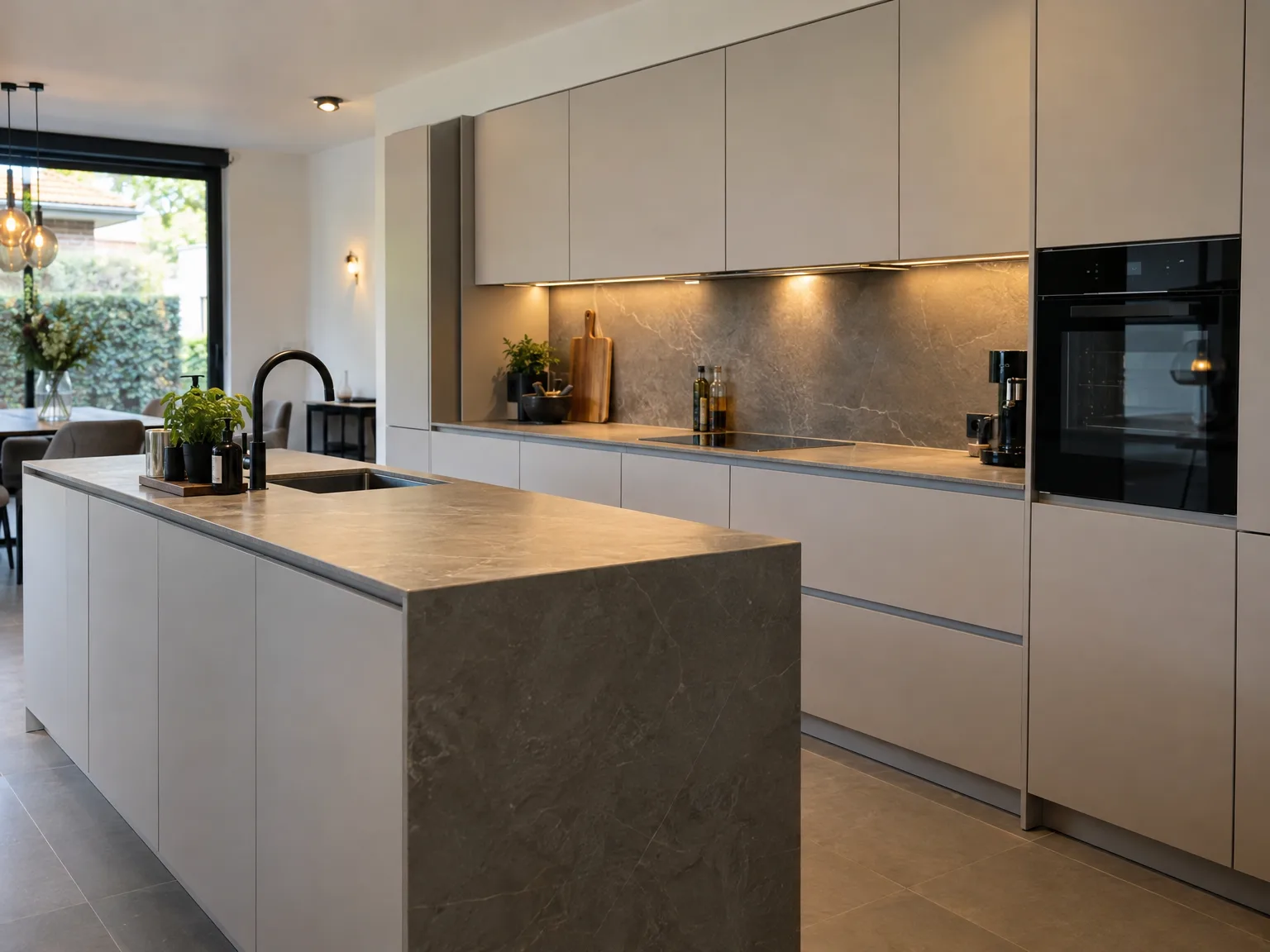 Grijze moderne keuken met eilandblad, natuurstenen werkblad en ingebouwde apparaten