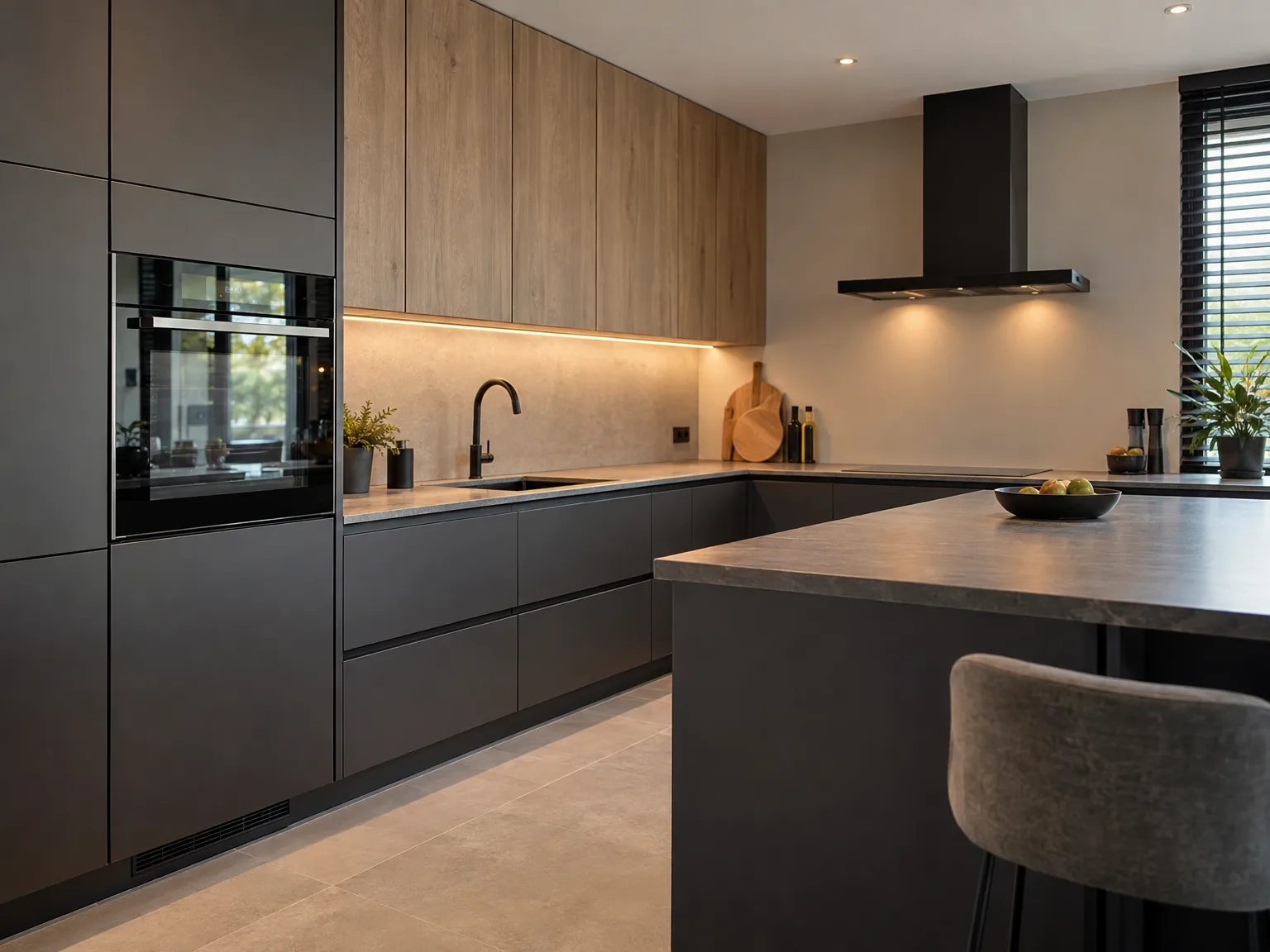 Moderne keuken met zwarte fronten, houten bovenkastjes, verlichte werkblad en keukeneiland