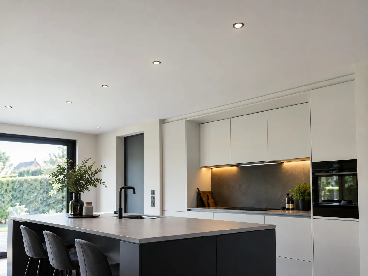 Eilandkeuken met witte kasten, zwarte backsplash en inbouwoven in modern interieur