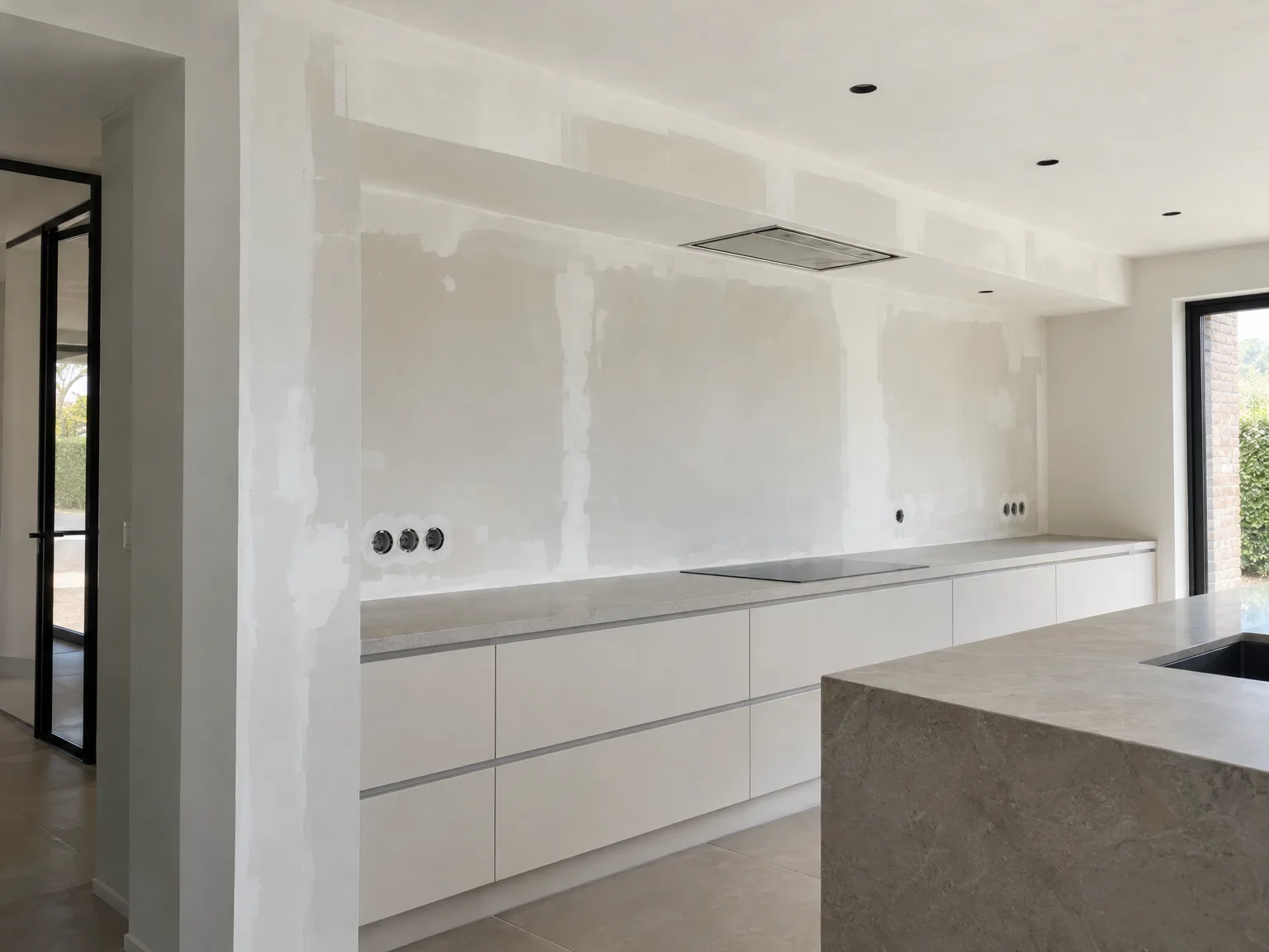Professionele keukenmontage: witte moderne keuken met werkblad en keukeiland