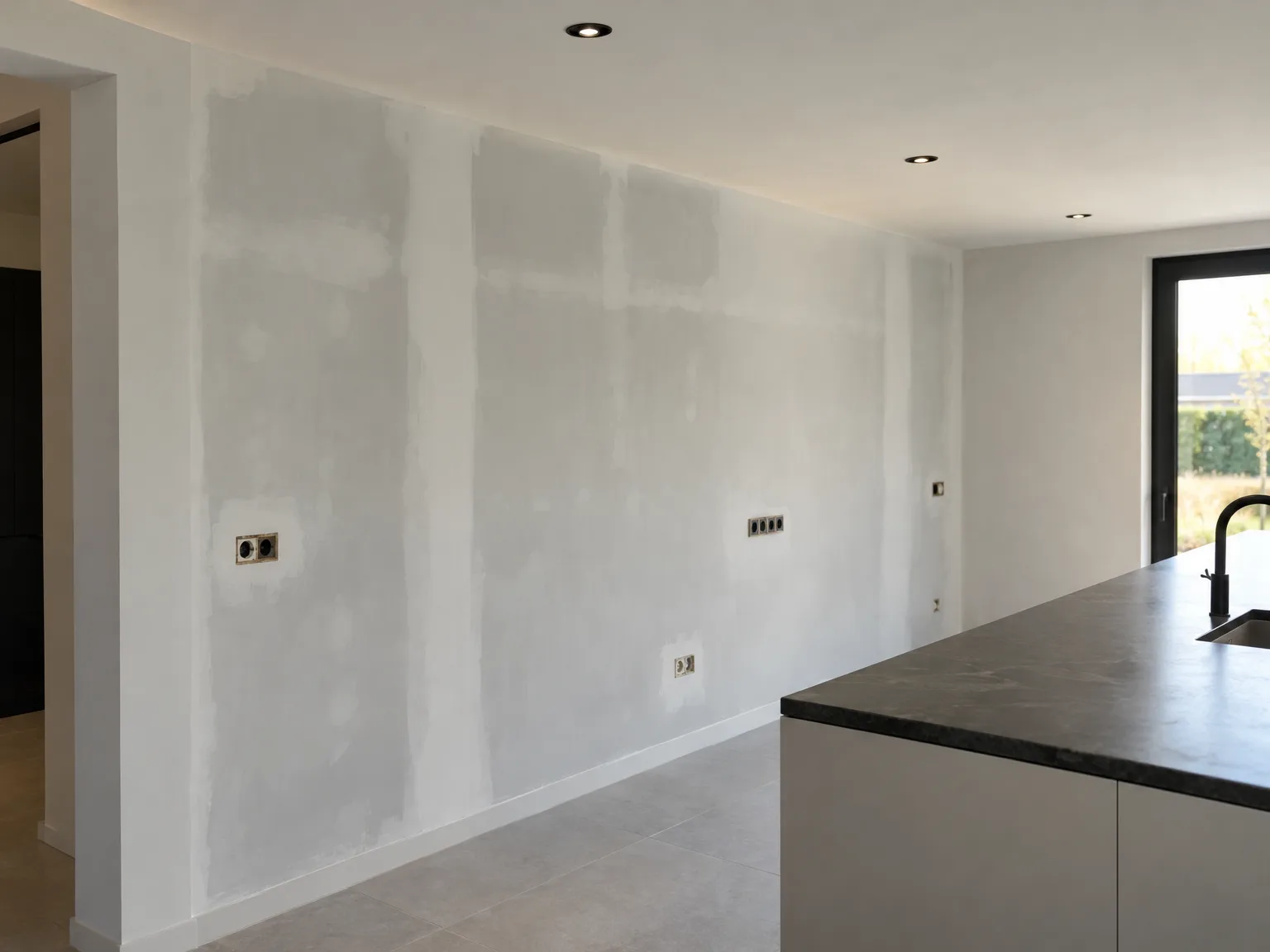 Gipsplaten voorgespachteld in keukenrenovatie, elektrische installaties en zwart werkblad