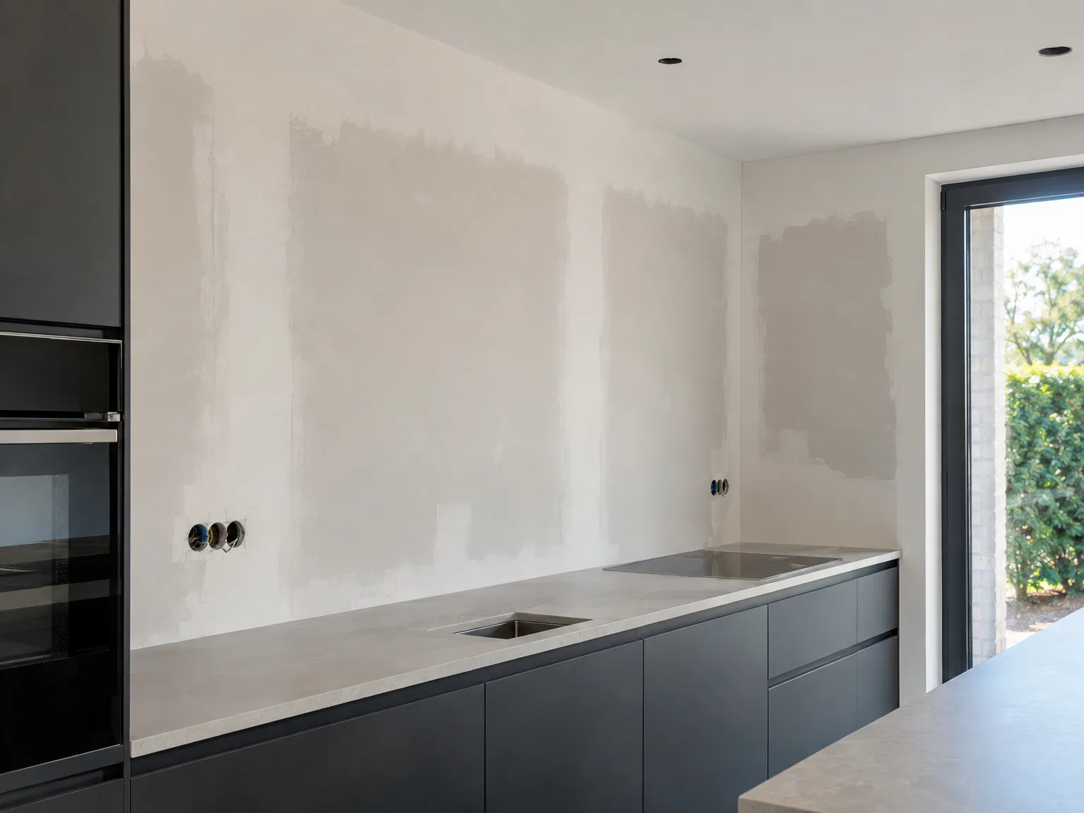 Moderne keuken in montage met zwarte onderkastjes, licht werkblad en witte muren in voorbereiding