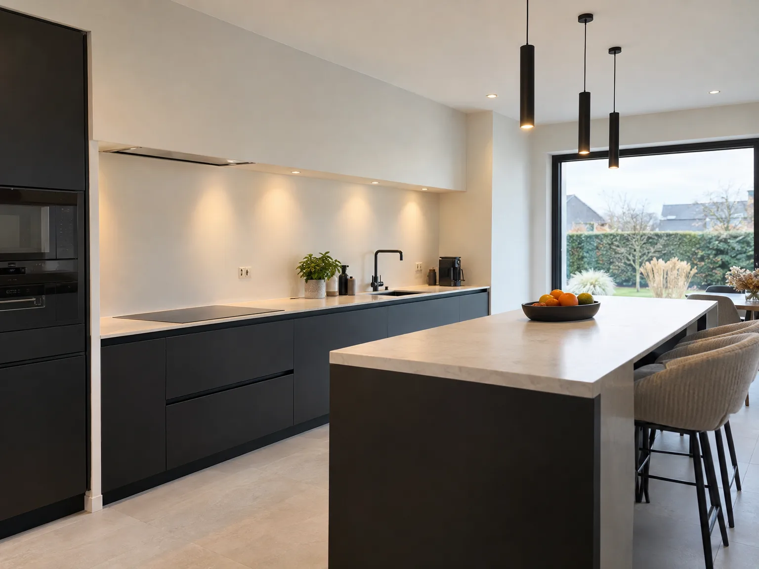Zwarte keukenmontage met lichte werkblad, moderne inbouw en professionele plaatsing