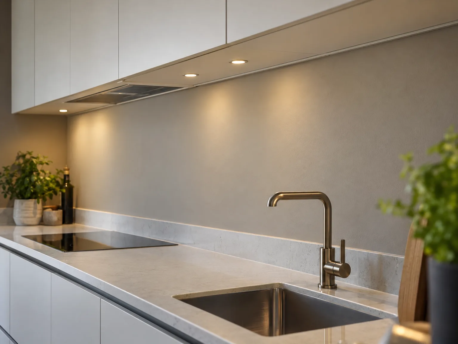 Geïnstalleerde keukenblad met rvs spoelbak, design kraan en led-verlichting onder witte kastjes